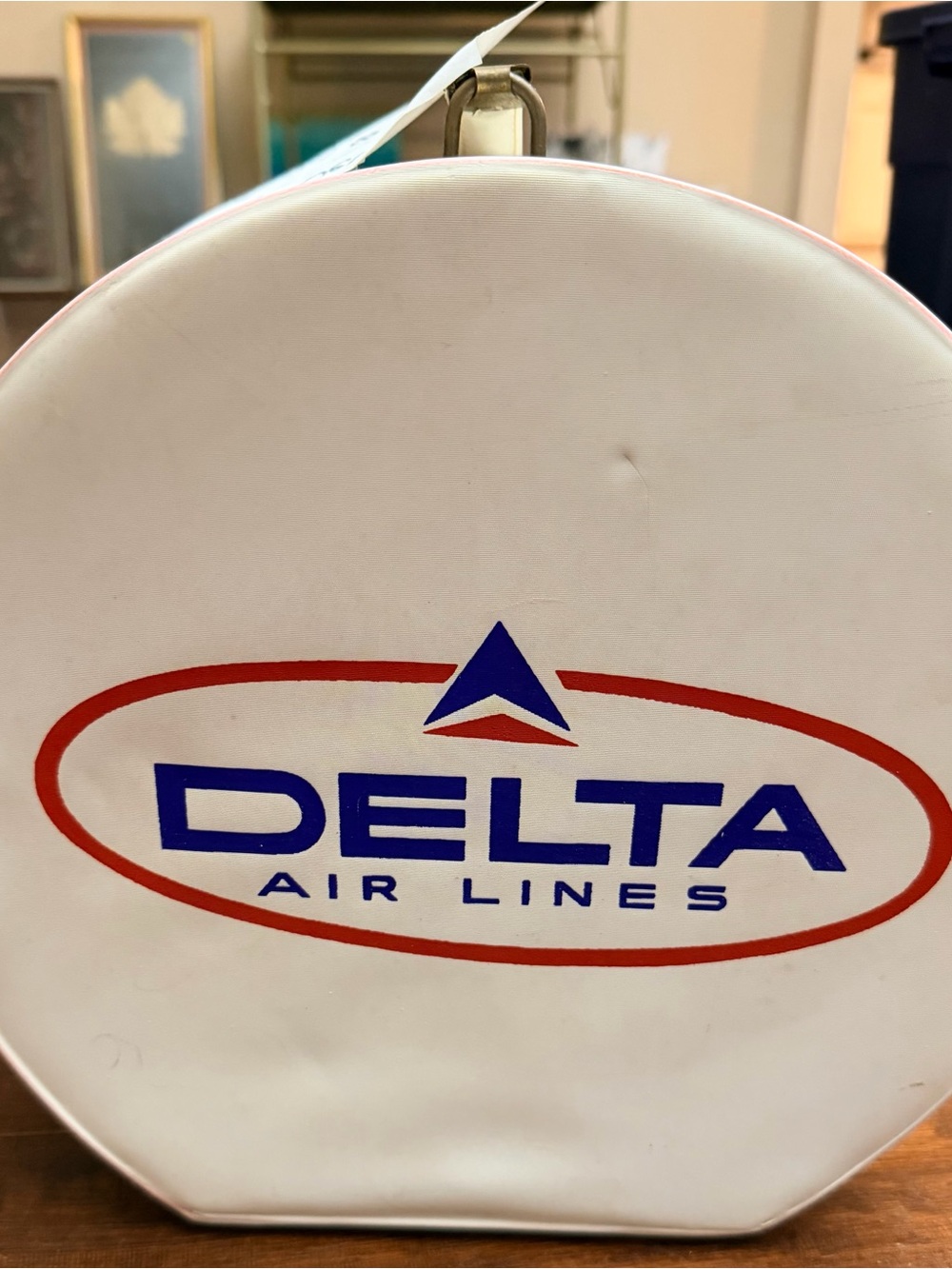 Vintage 1970s Delta White with Blue Logo and Red Accent Carry on/ hat box